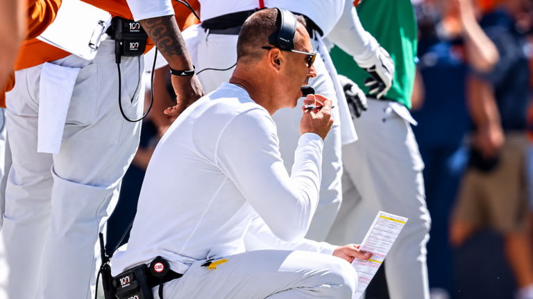 Texas Longhorns head football coach Steve Sarkisian on the sideline vs Tennessee at Neyland Stadium on 9/26/26 in Knoxville, Tennessee. | Photo by Gracie Oliver/ University of Texas Athletics