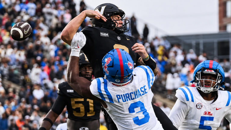 Ole Miss defensive end Blake Purchase sacks and forces Vanderbilt quarterback Jared Curtis to fumble late in the second half Saturday. | Ole Miss Athletics
