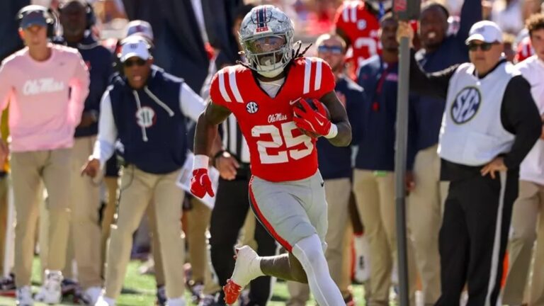 Ole Miss running back Makhi Frazier breaks loose for a big run against Missouri. | Ole Miss Athletics