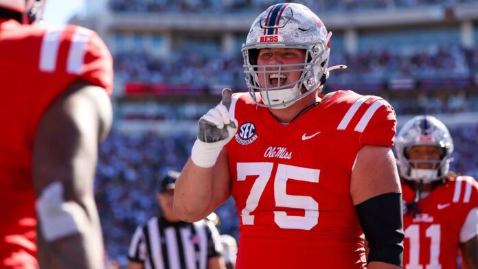 Ole Miss offensive lineman Patrick Kutas reacts after a touchdown in the Rebels' 31-3 win against Missouri. | Ole Miss Athletics