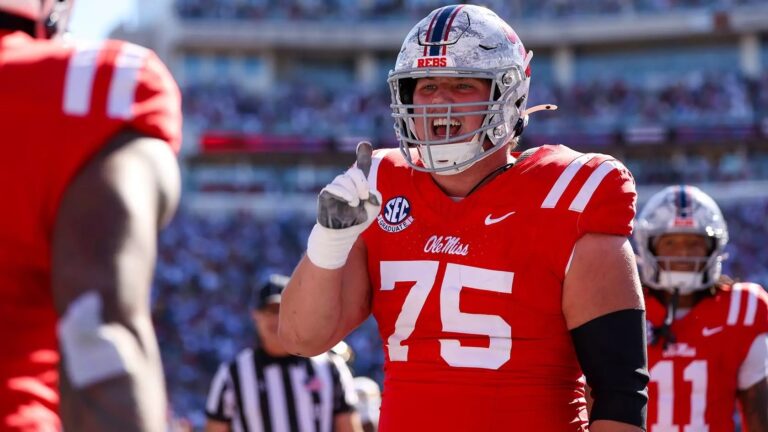 Ole Miss offensive lineman Patrick Kutas reacts after a touchdown in the Rebels' 31-3 win against Missouri. | Ole Miss Athletics