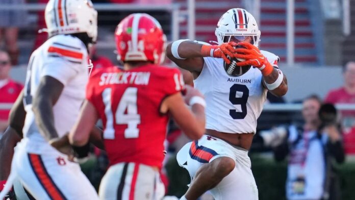 Auburn linebacker Elijah Melendez intercepts a Gunner Stockton pass in the Tigers' upset win against then-No. 1 Georgia. | University of Auburn Athletics